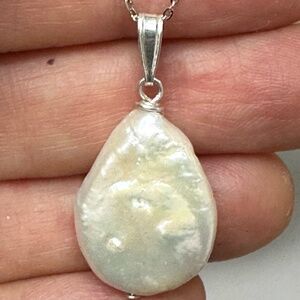 White Cultured Teardrop Coin Pearl on 925 Silver Chain - 16 or 18 Inches